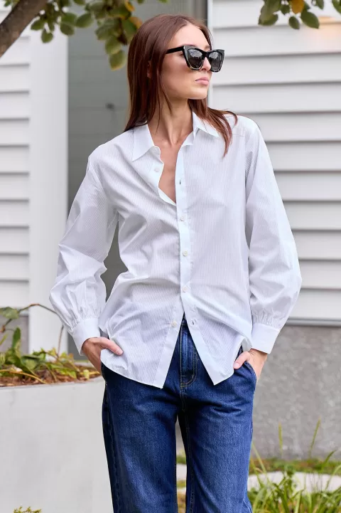 TIBI Gossamer Stripe Bishop Sleeve Shirt